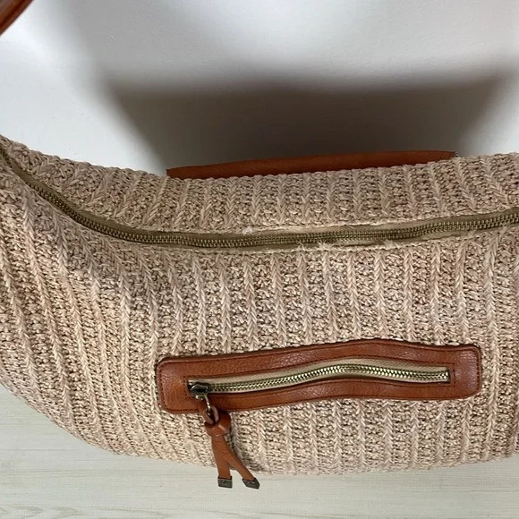 Anthropologie Urban Originals Oversized Raffia Straw Handbag Zip Closure Beige - Picture 5 of 9